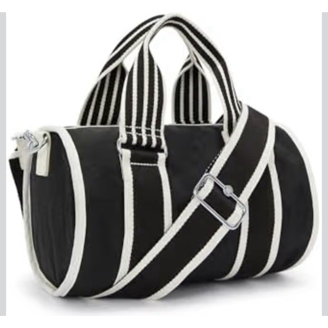 Nwt Kipling Black & White Striped Mini Duffle Crossbody, Zip, Monkey Charm — image 3 of 8